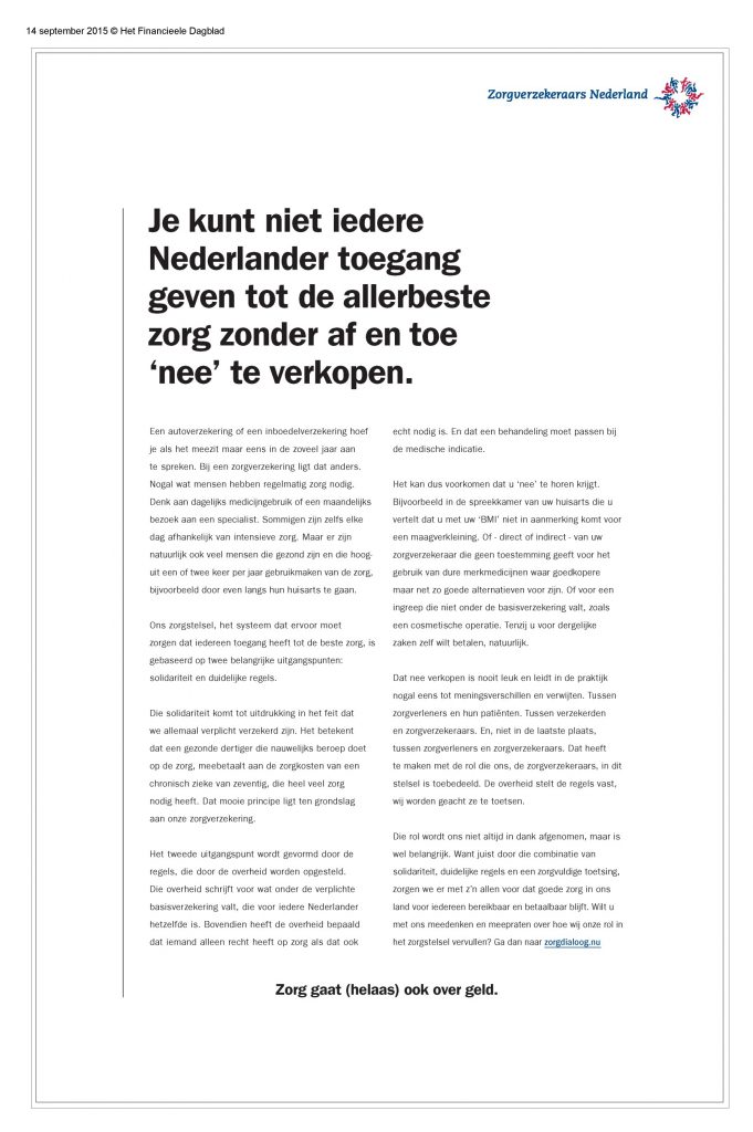 FD-advertentie van Zorgverzekeraars Nederland